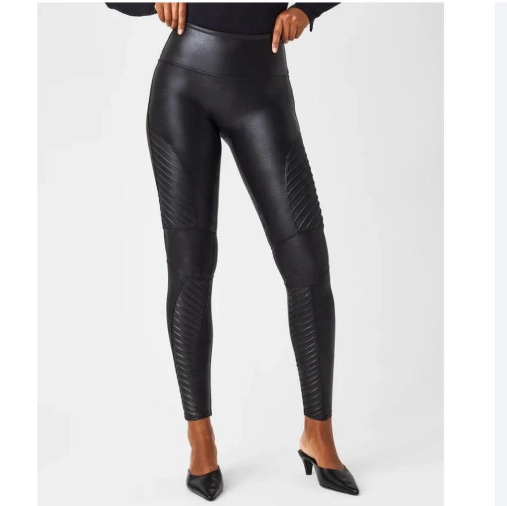SPANX Faux Leather Black Moto Very Black Leggings L